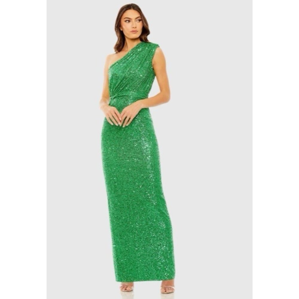 Mac Duggal Gown Dress Womens Size‎ 2 Green Sequin Ruched One Shoulder 26694